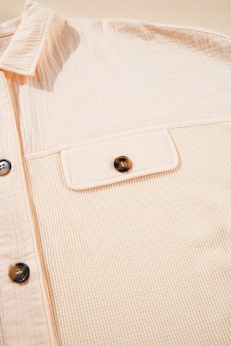 Beige Waffle Splicing Short Batwing Sleeve Flap Detail Shirt - Love Salve